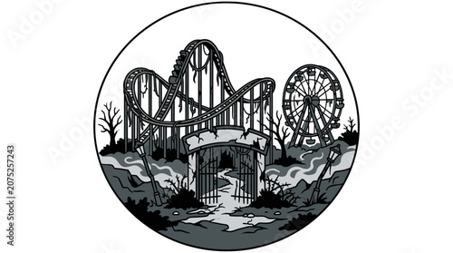 Spooky Abandoned Amusement Park with Roller Coaster and Ferris Wheel.