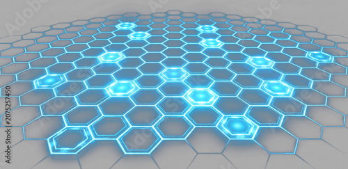 Εκτύπωση καμβά Glowing blue hexagonal network grid isolated on transparent background, futurist