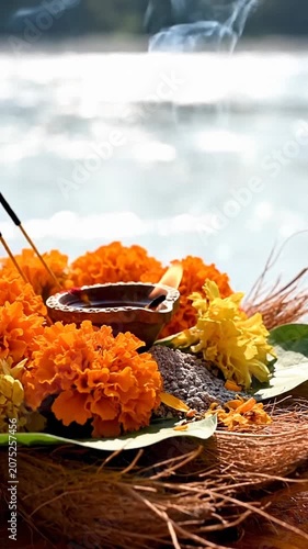 Vertical shot of a burning diya lamp and marigolds for a spiritual ritual by a bright river.