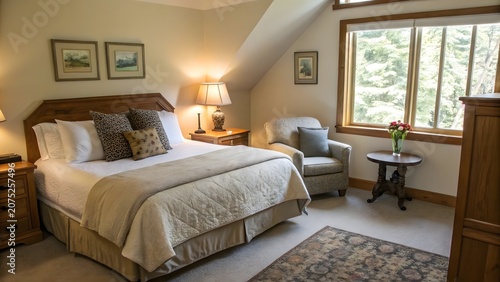 Modern luxury bedroom interior with cozy small lounge corner in the same frame featuring elegant furniture and contemporary home decor