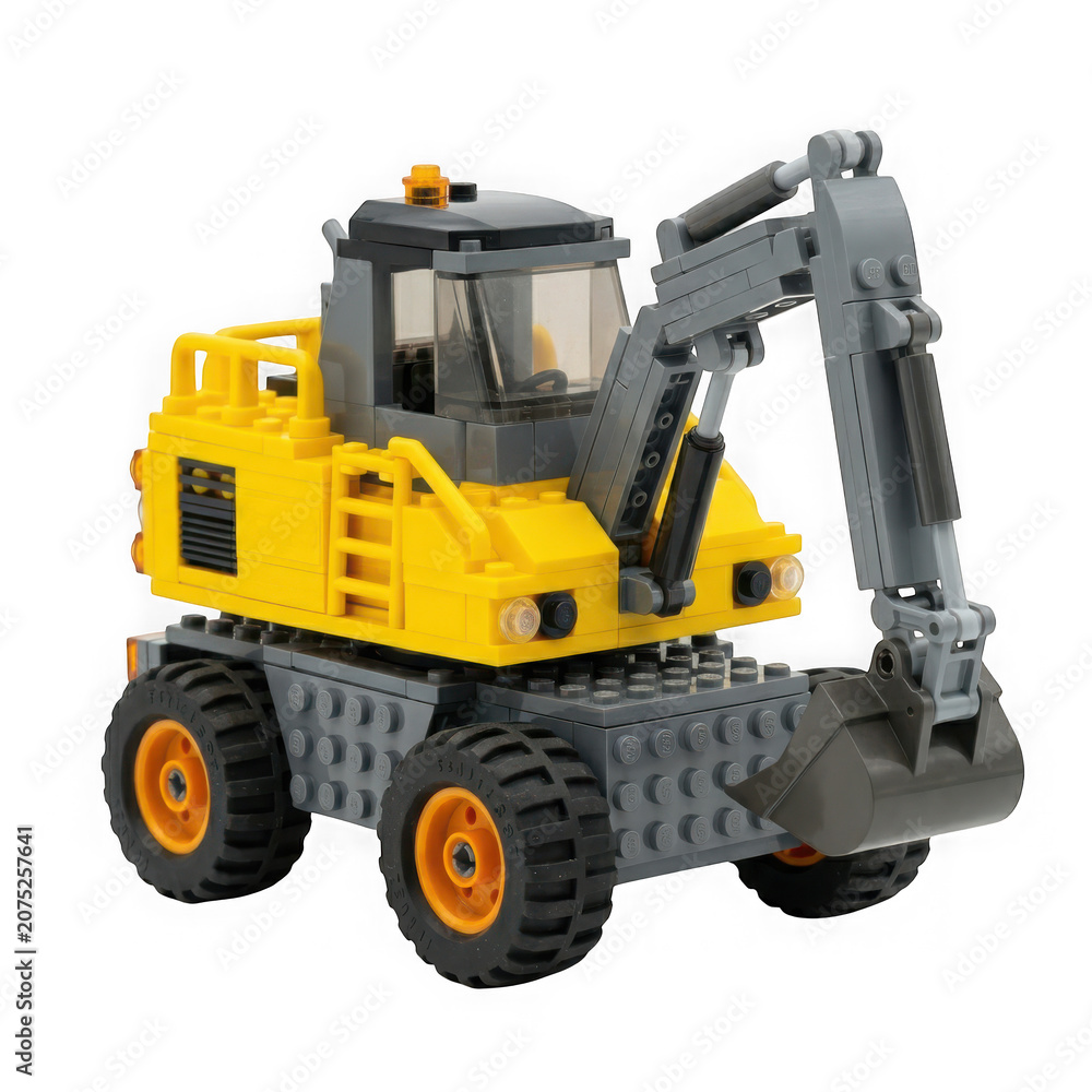Fototapeta premium Toy excavator made of plastic building blocks isolated on transparent background
