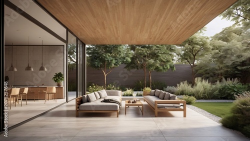 Luxury Modern Minimalist Outdoor Living Space with Garden View and Terrace Sofa