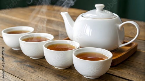 Elegant white ceramic teapot with matching white tea cups arranged beautifully on clean minimal background for beverage concept