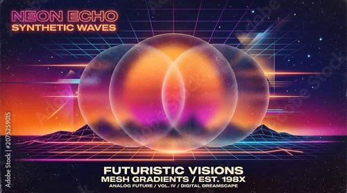 Retro synthwave poster with neon circles and grid landscape.