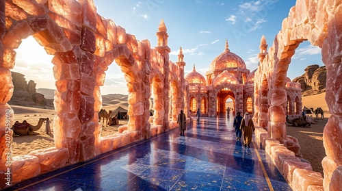 Rose quartz arches leading to a majestic desert palace.