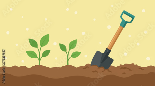Fotografie Illustration of planting seedlings and a shovel in soil with sunny sky