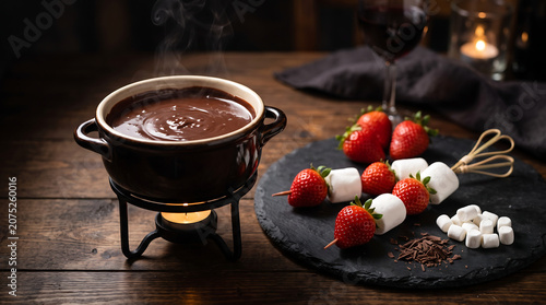 Luxury dessert gourmet chocolate fondue pot with fresh ripe strawberries on dark elegant background