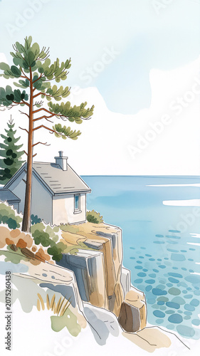 Coastal House on Cliff with Pine Tree Watercolor Illustration