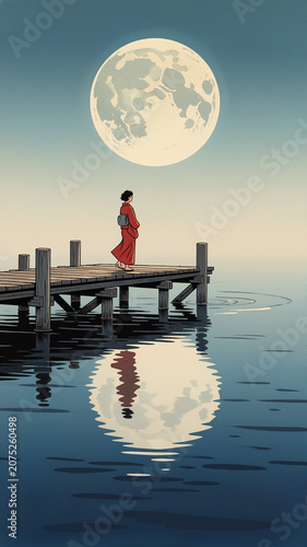 Woman in Kimono on Pier Under Full Moon