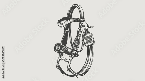 Cowboy bridle illustration. Western vintage artwork. Rodeo born t shirt print design.