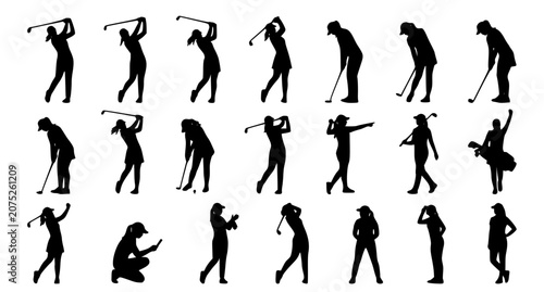 Photos Female Golf Player Silhouette Set with Dynamic Sports Poses Isolated on White Ba