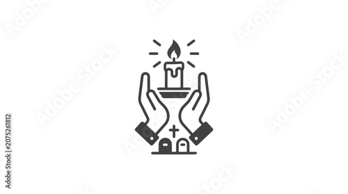 Canvas Print Candlelight prayer hands holding candle with grave and cross icons