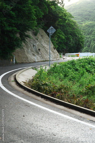緑が美しい梅雨の山間のカーブした車道