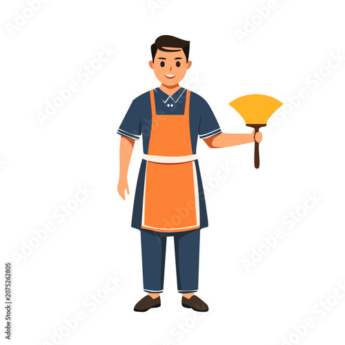 Man in apron holding feather duster, flat vector illustration