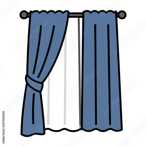 Blue curtains on a rod, flat vector illustration