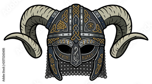 Obraz na plátně Detailed illustration of a traditional Viking warrior helmet with large curved ram horns