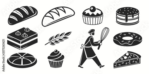 Foto Black silhouette of bakery breads, pastries, and baking tools black bakery bread