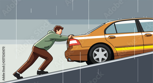Man pushing a broken down car uphill on a rainy day