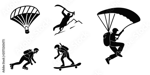 Photos Black silhouette of extreme sports: snowboarding, skiing, ice hockey, and bobsle
