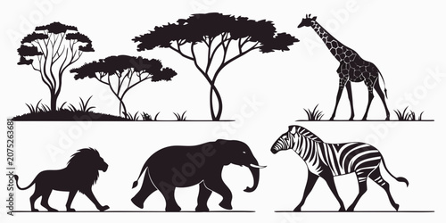 Canvas Print Black silhouette of diverse wild animals in style black silhouettes giraffe elep