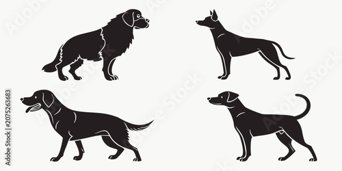 Canvastavla Black silhouette of four dog breeds in dynamic poses canine breed dog poses walk