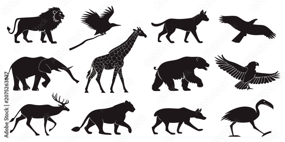 Obraz premium Set of 12 black silhouette animal mammals and birds in style black silhouettes deer