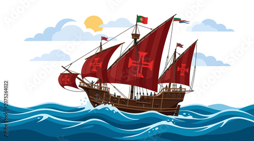Tableau sur toile Historical Portuguese caravel ship sailing on the ocean with red sails and cross symbols