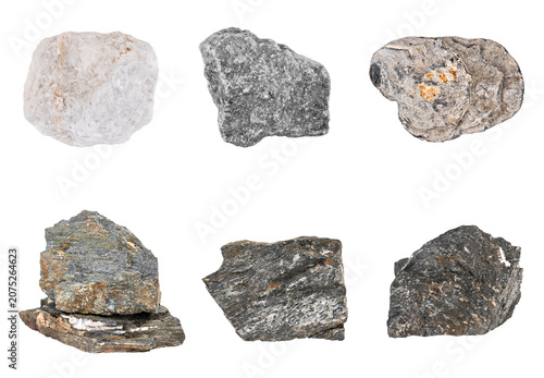 Foto Set of six different natural stones and rock specimens isolated on white backgro