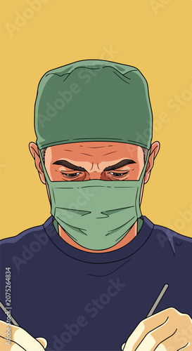 Surgeon wearing mask and cap, holding surgical instruments, focused