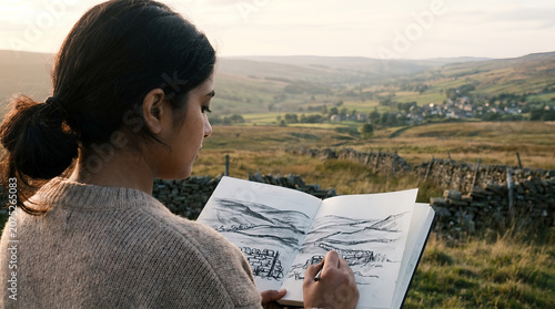 Woman sketching countryside landscape in journal outdoors