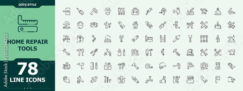 Set of Home Repair Tools line icon. Includes symbols for house, repair, decoration, tool, build, tools. Minimalist vector collections. Repair linear icon set. Vector illustration. Pixel perfect.