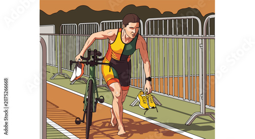 Triathlete with bicycle and shoes at transition area in outdoor event