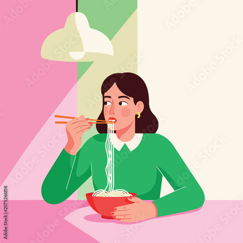 Woman eating noodles with chopsticks in a modern room