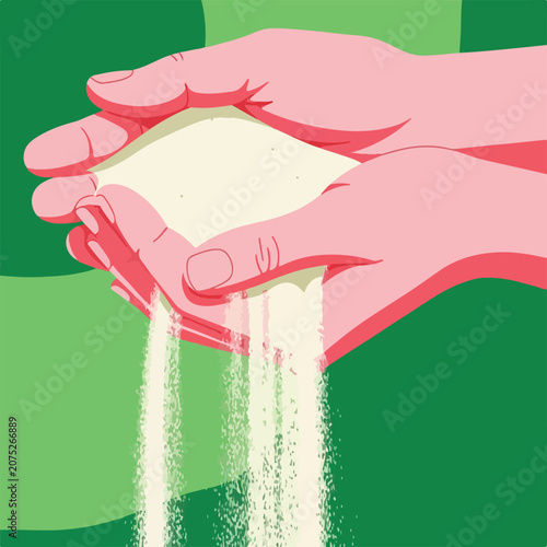 Hands holding and pouring white granular material, over a green background