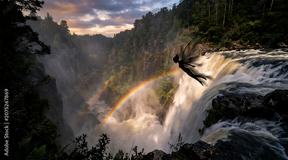 Naklejka premium Waterfall with Rainbow in Misty Environment.