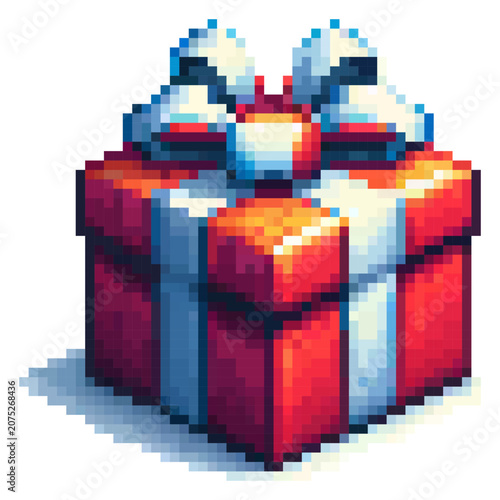 A red gift box with white ribbon and bow sits on a simple background. It looks ready to be opened during a party or special occasion. The box stands out with its bright colors
