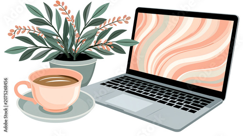 A laptop sits beside a potted plant and a cup of coffee on a white background.