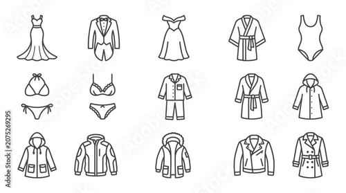 Set of various clothing and apparel line icons.