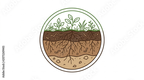 Obraz na plátně Illustration of soil layers with plant roots and growth.
