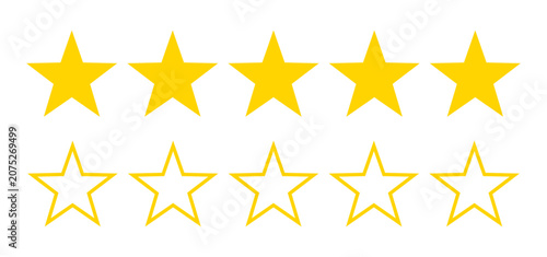 Five yellow stars rating icon set for customer review. Vector illustration.