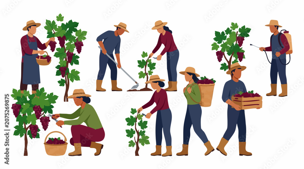 Fototapeta premium Illustrative set of people harvesting and cultivating grapes in a vineyard