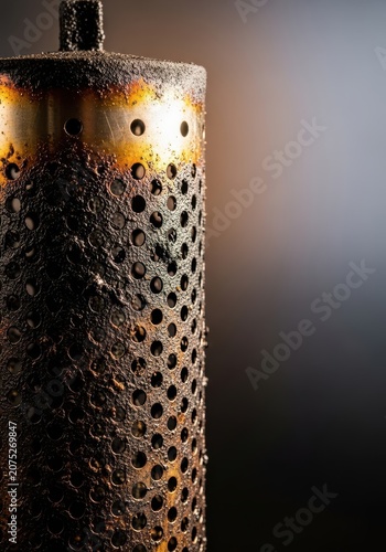Close up view of a dirty, used steel combustion basket, vital component for generating heat and smoke inside a modern outdoor smoker appliance, perforated, duty, smoke