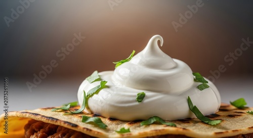 Creamy white sour cream generously poured over a warm, savory tortilla dish, highlighting fresh texture and rich, delicious flavor, corn, dip, meal