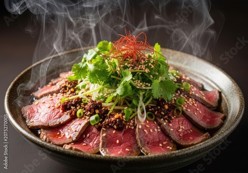 Delicious dish of thinly sliced steamed beef topped with fresh herbs and seasoning, presented in a ceramic bowl with visible hot steam rising, cuisine, dinner, protein