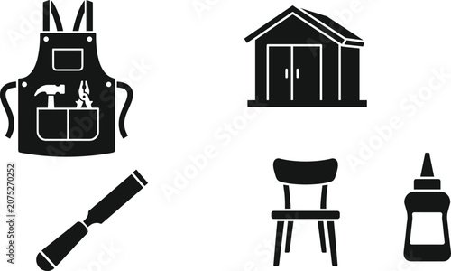 Woodworking and Workshop Icon Set Featuring Carpenter Apron, Tools and Furniture Symbols