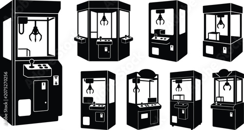 Silhouette collection of claw machine arcade game equipment icons on transparent background.