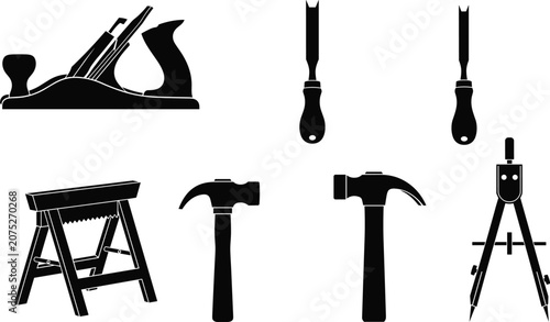 Woodworking Hand Tools Silhouette Collection Featuring Plane Hammers Chisels Sawhorse and Compass
