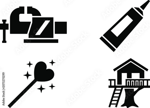 Workshop and Creative Activity Icon Set Featuring Glue, Machinery and Treehouse Symbols