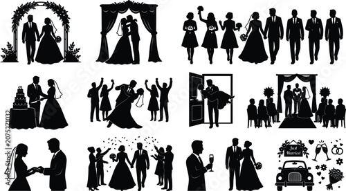 Bild auf Leinwand Complete wedding ceremony silhouette set with bridal party guests and traditional marriage traditions