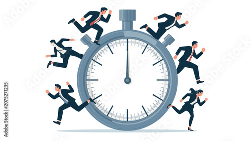 Business people in suits run around a large stopwatch during a high-pressure deadline scenario in a professional isometric illustration on white.